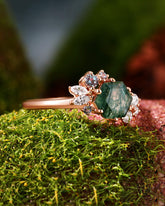 ELEANOR Hexagon Cut Moss Agate Gemstone Cluster Engagement Ring
